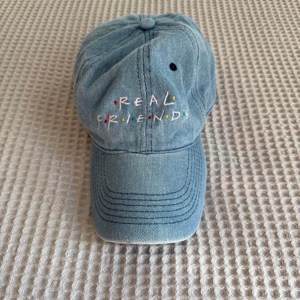 Light blue denim baseball cap with‎ "Real Friends" and "GBTF"